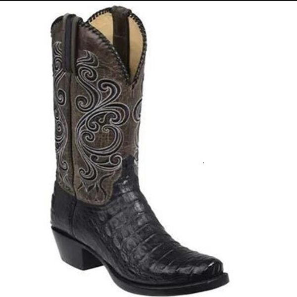 Men Vintage Embroidery Western Cowboy Croc Print Pointed Toe Mid Calf Retro Leather Riding Boots