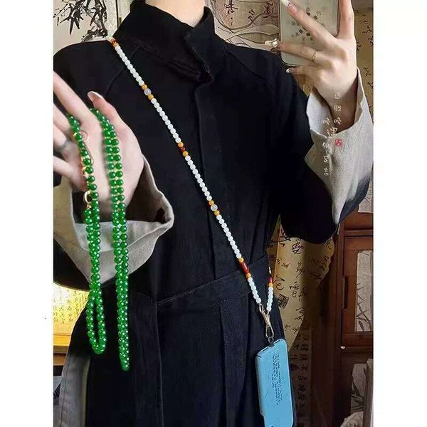 Ajojewel Women's Green Glass Beads Necklace Long Chinese Style Retro Crossbody Cell Phone Chain Wonderful Gifts
