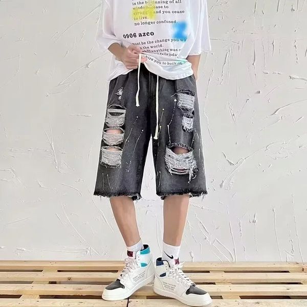 Summer Mens Hip Hop Fashion Ripped Jorts Y2K Vintage Streetwear Denim Shorts Casual Baggy Drawstring Short Jeans 260625