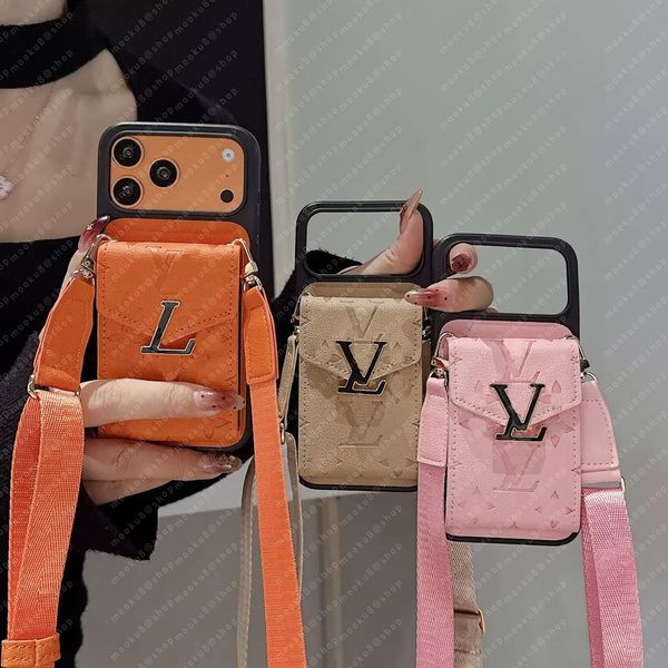 Luxury Organ Card Pocket Phone Case for iPhone 17 Air 16 15 14 Plus 18 17 16 13 Pro Max Plated TPU Leather Protection Shoulder Neck Crossbody Strap Cover 16pro 15