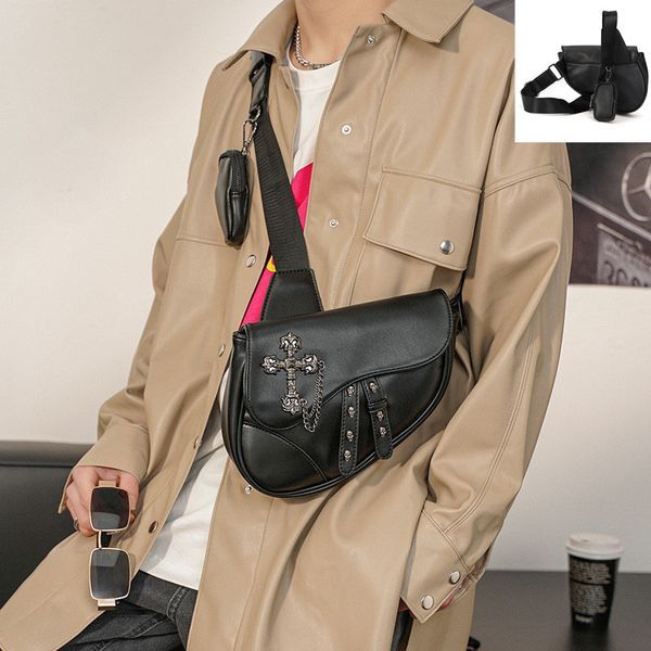 

Personality men handbag street trend rivet punk shoulder bag outdoor leisure leather cycling handbags personalized chain decoration mens chest bag wholesale, Black