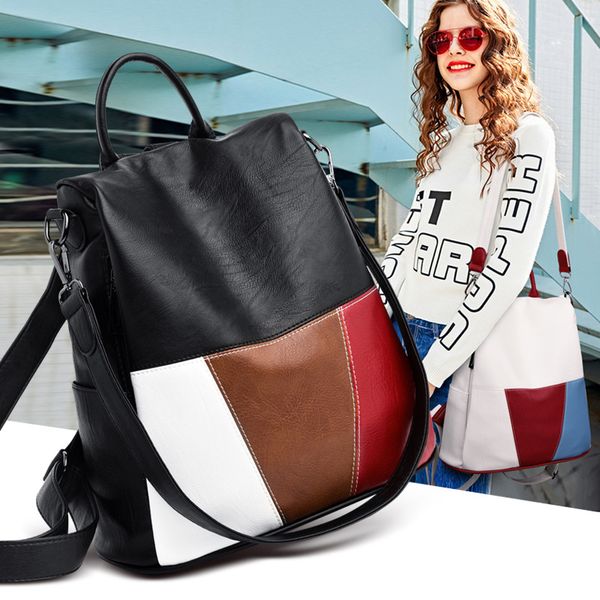 

Personality shoulder bag 2 colors college style leather backpack simple atmosphere contrast stitching fashion handbag small fresh color matching backpacks, Black