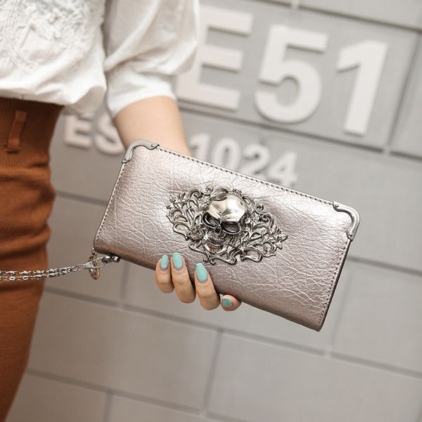 

Stylish skull pattern womens wallet durable embossed leather shoulder bag daily Joker solid color embossed leather long wallet stone women's wallet wholesale, Fuchsia