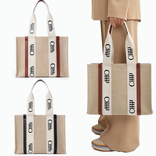 

Designer Bag Wooden Medium Handbag Tote bag Ladies Fashion Linen Large Capacity Shopping Bag Shoulder Bag Vertical Leather Stripe High Quality Luxury Beach Bag 37CM, #7 25cm