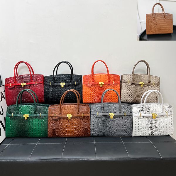 

Women's handbags classic Joker solid color thick leather tote bag large embossed fashion shoulder bag elegant retro crocodile handbag gold buckle commuter bag, Orange