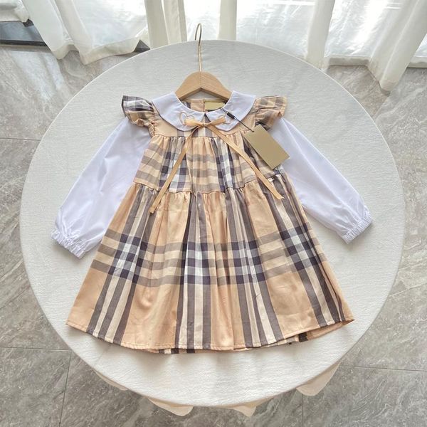 

Baby Girls Dress Kids College Bow stripe Long Sleeve Pleated Shirt Skirt Children Casual Clothing Kids Clothes, Champagne