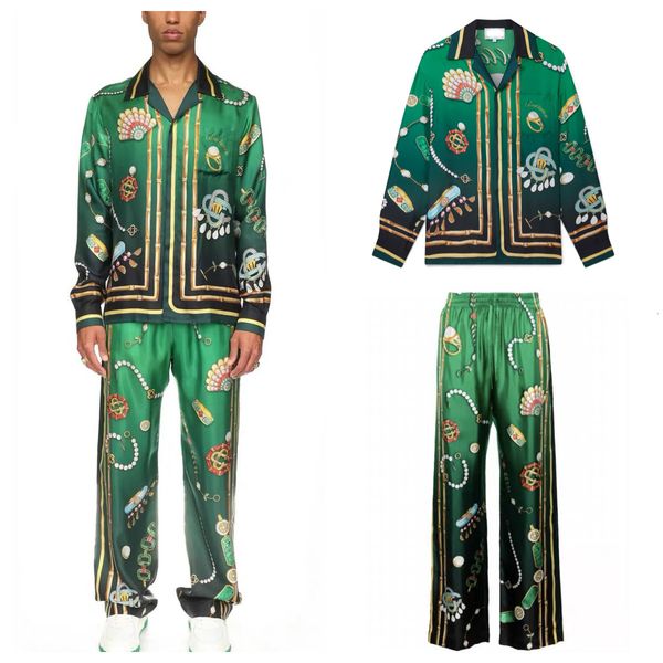 

24ss High Quality Men Designer Silk Straight Pants Print Green Wine Cup Hawaiian Beach Vacation Style Casual Versatile Loose Button Silk Casual Shirt Tide Top Suit TN, Lawngreen