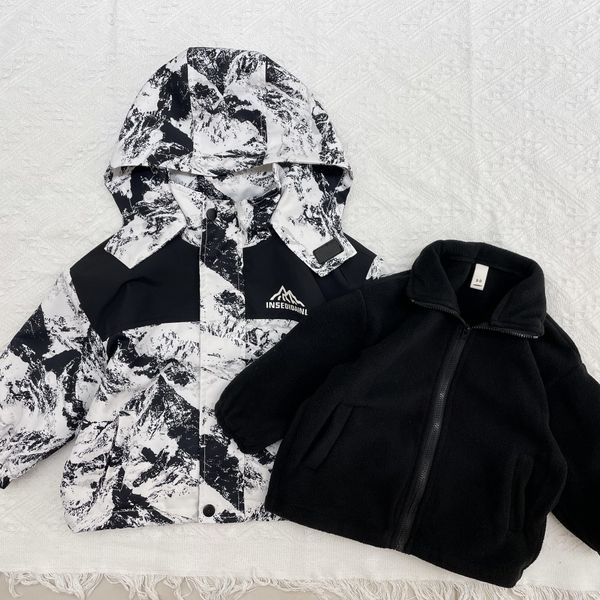 

kids clothes clothing in late autumn snow mountain color blocked printed style outdoor jacket (one three in one) five pieces, Multi