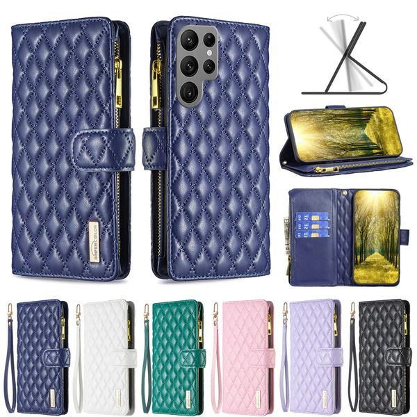 Wallet Phone Case for Samsung S25 S24 S23 S22 S21 Ultra Plus Multi Card Slots Zipper Purse Rhombus Pattern PU Leather Shockproof Magnetic Buckle Flip Cellphone Cover