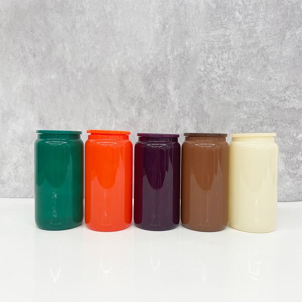 Christmas Halloween autumn colored 16oz glass can blank sublimation glossy colored 16oz can glass with pp plastic lids for UV DTF wraps