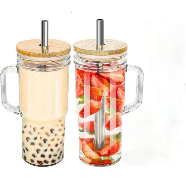 

2pcs/Set Glass Bamboo Lids and Straws, Tumbler Cups Handle 24oz, Mason Jar with Lid-Wide Mouth Drinking Glasses, Black
