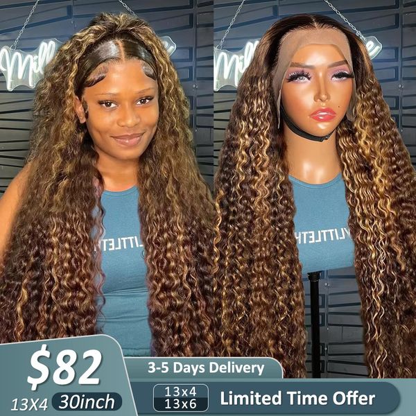 

Brown 30 Inch Deep Wave 13X6 HD Frontal 250 Density 4/27 Highlight Ombre Colored Water Curly 13X4 Lace Front Human Hair Wig, Dark brown
