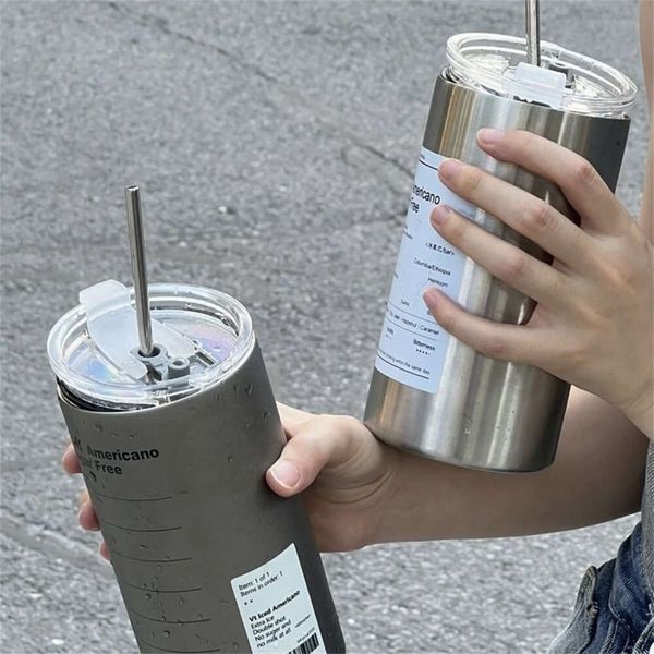 

1pc 600ml Thermos Cup Portable 304 Stainless Steel Coffee Mug Thermal Leak-proof Water with Straw Insulated Bottle, White