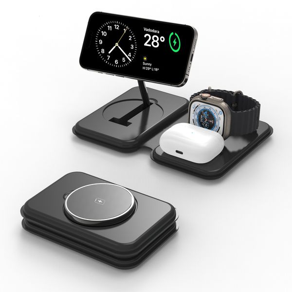 

magnetic MagSafe three in one charger foldable 15W mobile wireless charging zinc alloy phone holder chargg zc ph