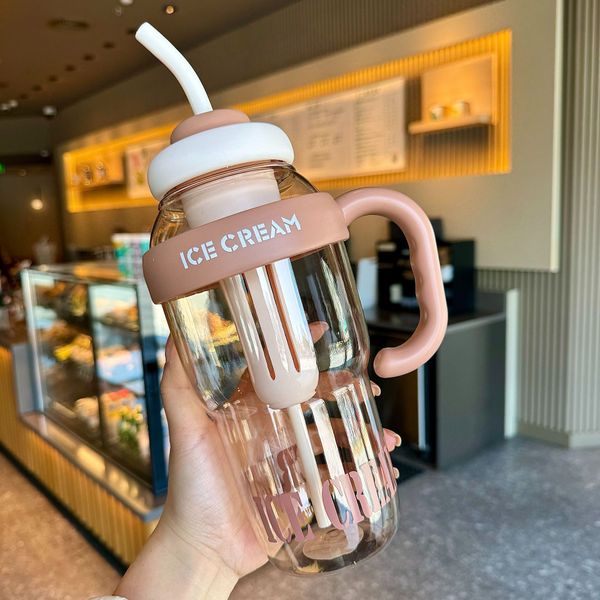 

Fashion High Beauty Girl Big Ton Bucket Milk Tea cup handle Cute Straw Large Capacity Plastic Water Bottle cups with lid and straw 773, Multi