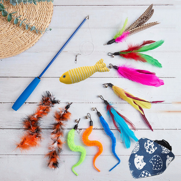 Variety Pack of 13 Engaging Cat Toys Interactive Wands, Teasers, Soft Chew Bite Fish Toys, and Fashionable Collar Bow Tie Adjustable for Kitty Cat Small Dog Interactive