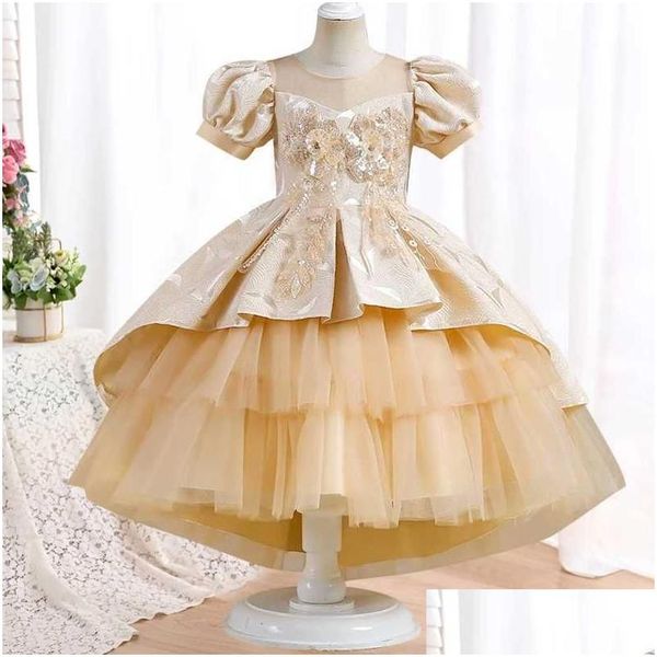 

Girl'S Girls Sequins Traig Princess 412 Years Old Embroidered Bowtie Poncho Dress Christmas Day Banquet Host Wedding Evening Drop Dh5Ly, Yellow