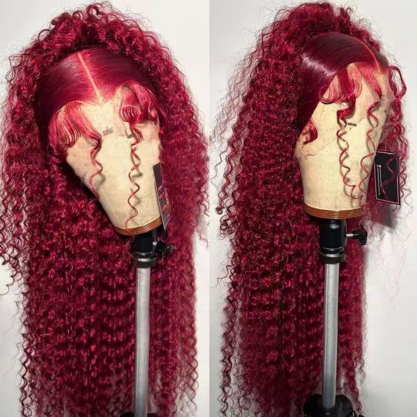 

Frontal Bury HD Wig 13X6 99J Curly Deep Wave Red Lace Front Human Hair Wigs For Women 200 250 Density s, Mix color