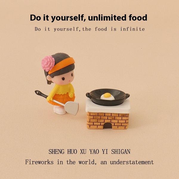 

Cartoon mini stove, little girl cooking, micro landscape scene, playing house, baby house accessories, home decoration, small ornaments