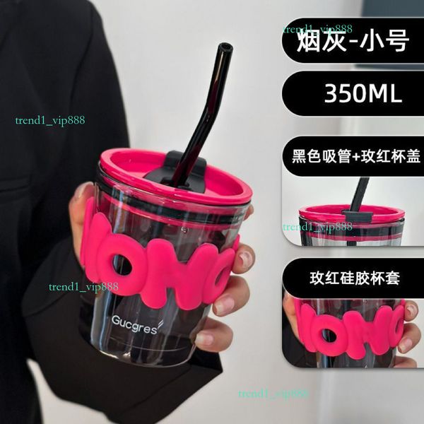 

Water Bottles cup Stripe Glass Transparent Glasses With Lid And Straw Ice Coffee Mug Tea Literary sense cups with lid and straw 9de, Bright green