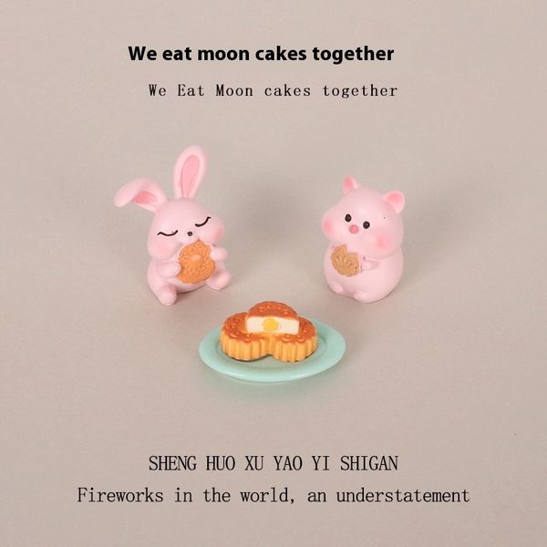 

Cute Greedy Pig Mooncake Rabbit Micro Landscape Baby House Food and Play Scene Creative Resin Crafts Home Decoration