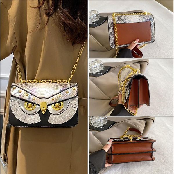 

Fashionable owl chain bag flip embossed leather shoulder bag daily Joker crocodile pattern women's handbag trend atmosphere rivet tassel backpack 6 colors, Brown