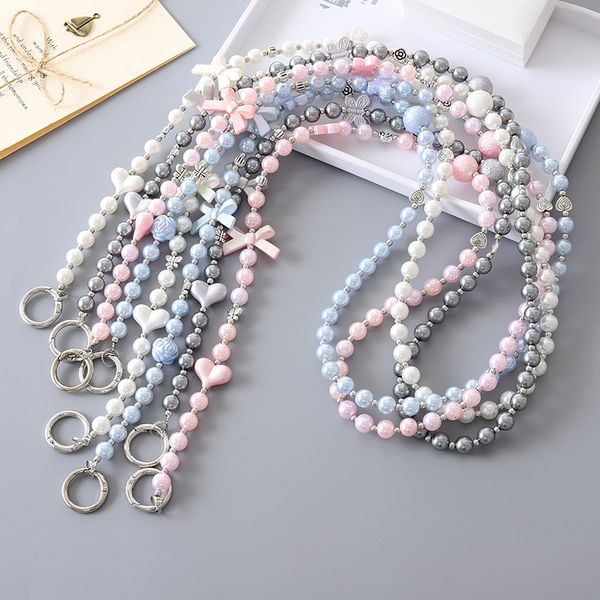 New pearl love bow crossbody chain, luggage keychain pendant, long phone hanging rope, can be carried and anti lost rope