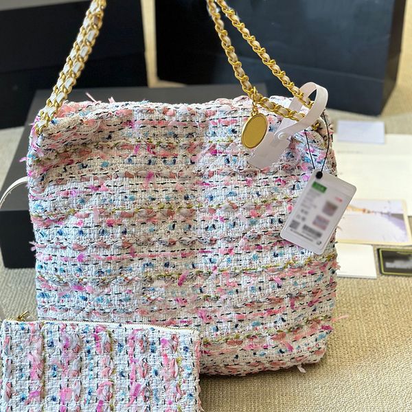 

Designer 24A 22 Hobo Tweed Houndstooth Shopping Bag France Brand Chain Drawstring Woolen Woven Tote Bags Women Large Capacity Shopper With Pouch, Purple