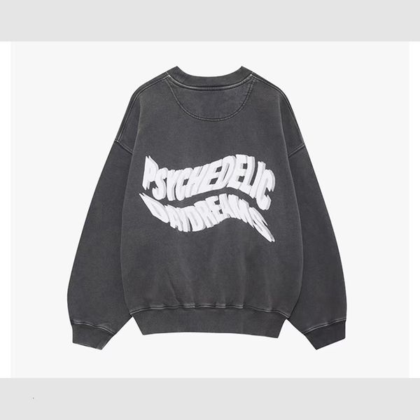 

24ss autumn new deformed word print sweatshirts washed fried color black gray women round neck sweater fashion casual pullover hoodies, Dark grey