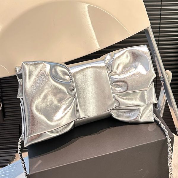 

Designer Women Sier Bowknot Clutch Evening Bag French Brand Turn C Clasp Closure Lady Crossbody Chain Strap Black Lovely Date Party Underarm Shoulder Bags, Silver