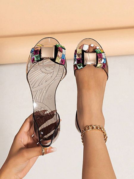 

New Women Transparent Jelly Square Buckle Colorful Rhie Peep Toe Slip-On Flat Sandals, Multicolor