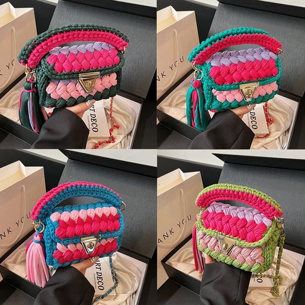 

Fashionable woven bag sweet colored cotton women's chain bag flip gold buckle handbag classic hand-woven messenger bag foreign tassel backpack 5 colors wholesale, Grey