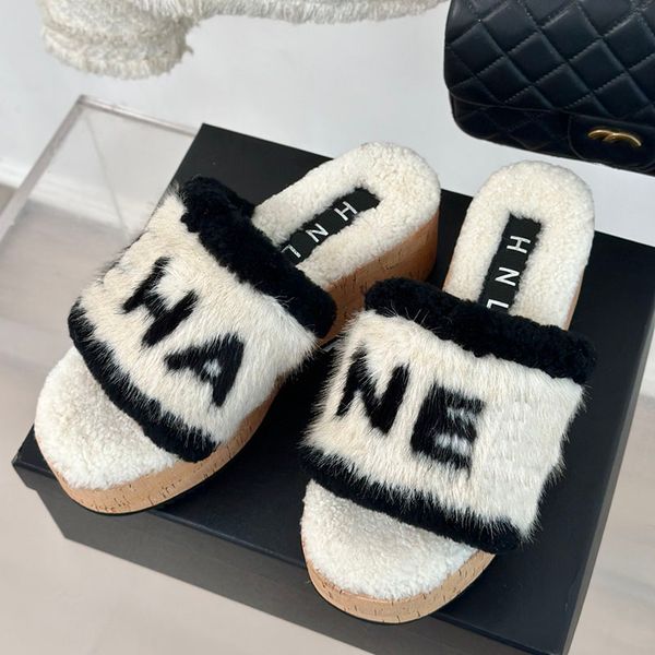 

Ms Designer Wooden Platforms Letters Fluffy Slippers Indoor Fur Slide Open Toe Shoes Fashion Elegant Girl, Black