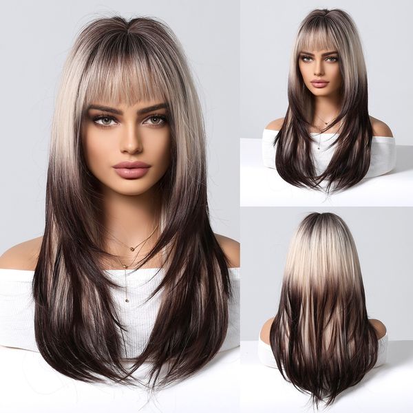 

Wigs sheath New full head cosplay Punk pink gradient dark brown cosplay straight bangs wiggery Hair, Blonde