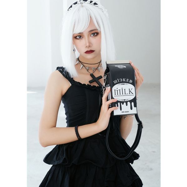 

Halloween bag milk pail one shoulder slant straddle bag Harajuku style Milk carton purse women bag Chain Punk clutch bag, Black