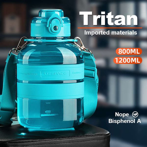 

New Sports Water Shoulder Strap Portable Leakproof Tritan Plastic Bottle Large Capacity Outdoor Travel Kettle 1200ML, Black