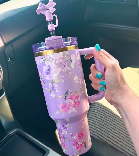 

40oz Loveshackfancy Pink Rose Blue Magnolia Mug cup Same bow shaped straw