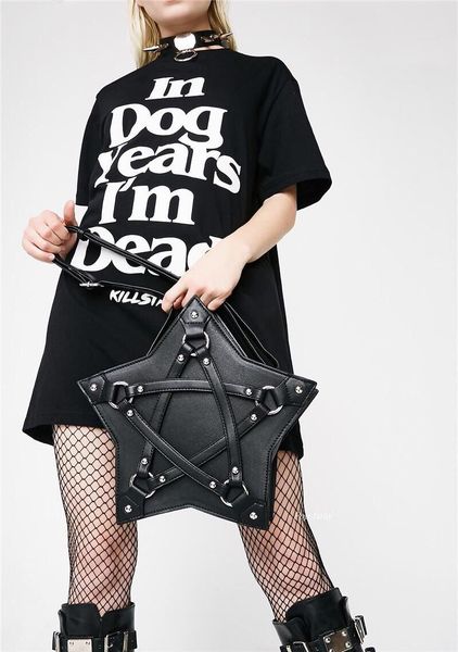 

Halloween bag tote dark system Harajuku style five star bag strap pu single shoulder bag niche cool girl large capacity crossbody bag, Black