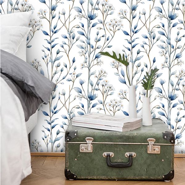 

Cross-border wallpaper Green plant flower pattern retro personality watercolor lavender style waterproof moisture-proof home decoration, Green plants and flowers
