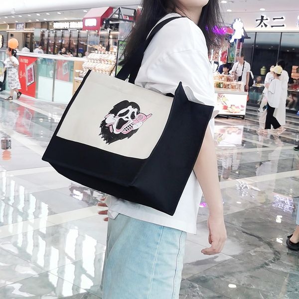 

Halloween bag large capacity shopping bag Cute tote bag Student file bag Cartoon shoulder bag Tutoring bag Large book bag bucket bag, White
