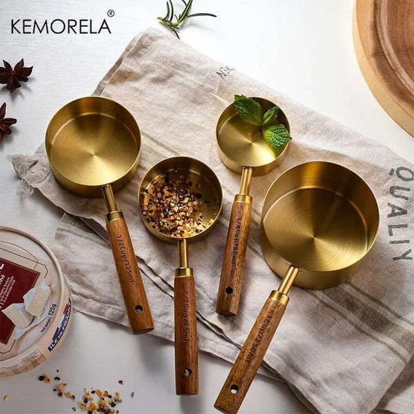 

4PCS Spoon Set Wooden Handle Stainless Steel Measuring Cups Spoons Baking Tools Coffee Bartending Kitchen Accessories