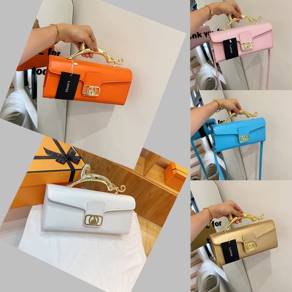 

Retro womens handbags street trend metal handle personalized shoulder bag flip gold buckle crossbody bag minority design solid color leather western style backpac, White