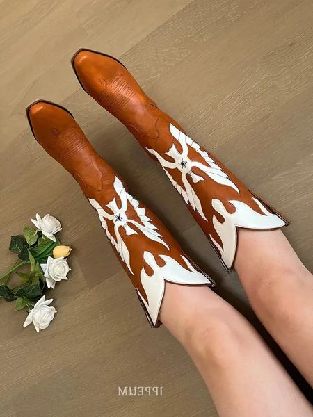 

IPPEUM Western Boots Women Leather Cowboy Knee High Boots Block Heel Brown Cowgirl Shoes