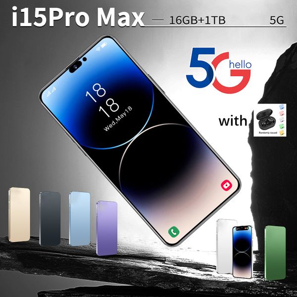 

i15 pro max cell phone 6.3 inch smartphone 4G LTE smartphones 16GB RAM Camera 48MP 108MP Face ID GPS Octa Core android mobile phones Green Tag Sealed Box, Black