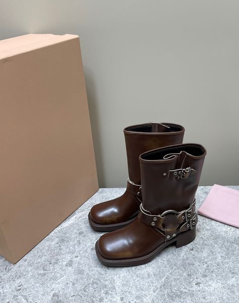 

Luxury New Womens Martin Snow Winter Buckle Cow Leather Square Heel Cowboy Booties Girl Shorts Casual boots, Color2