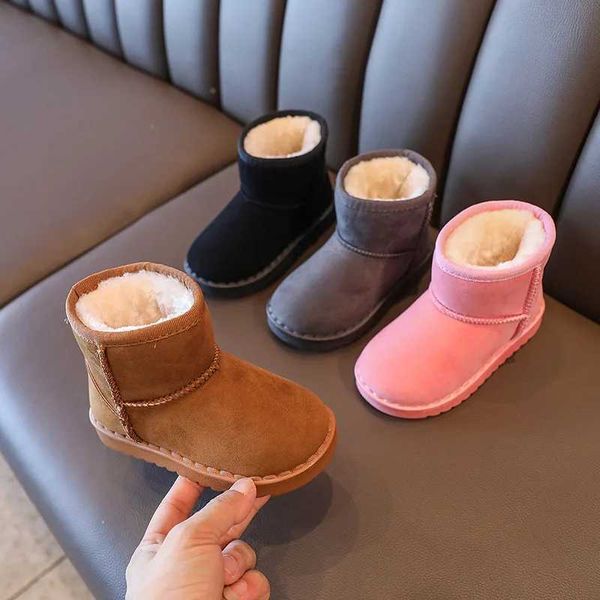 

2024 Little Girls Snow Solid Black Pink Brown Gray Boys Ankle Boots Warm Suede Leather Flat with Casual Kids Shoes y240912, White