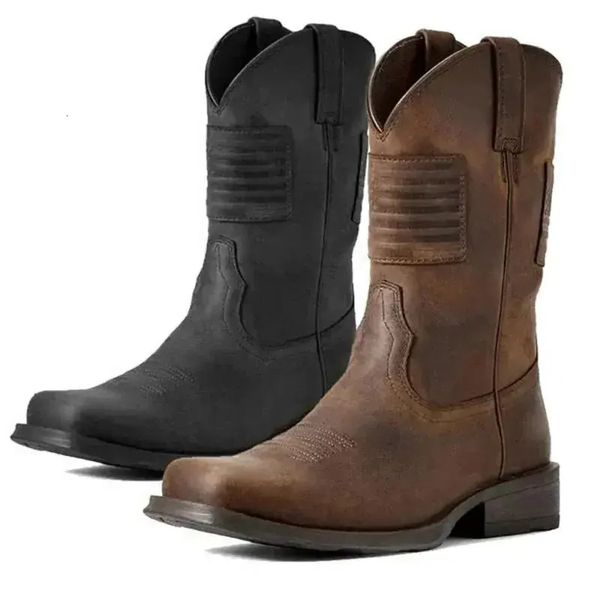 

Men Chelsea Boots Square Toe Thick Heel Mid Tube Knight Retro Boots Distressed Western Vintage Flag Shoes Leather Boots, Bn