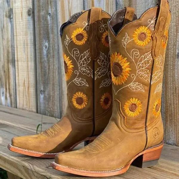 

Women Coffee Brown Embroidery Boots PU Leather Printed Western Cowboy Boots Deep V mouth High Tube Casual Boots Classic, Khaki