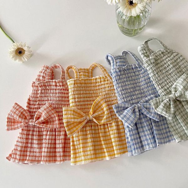 

Summer Clothes Dress Puppy Bow Plaid Skirts Pet Striped Costume Chihuahua Bichon Vest Girl Dog Outfit, Blue