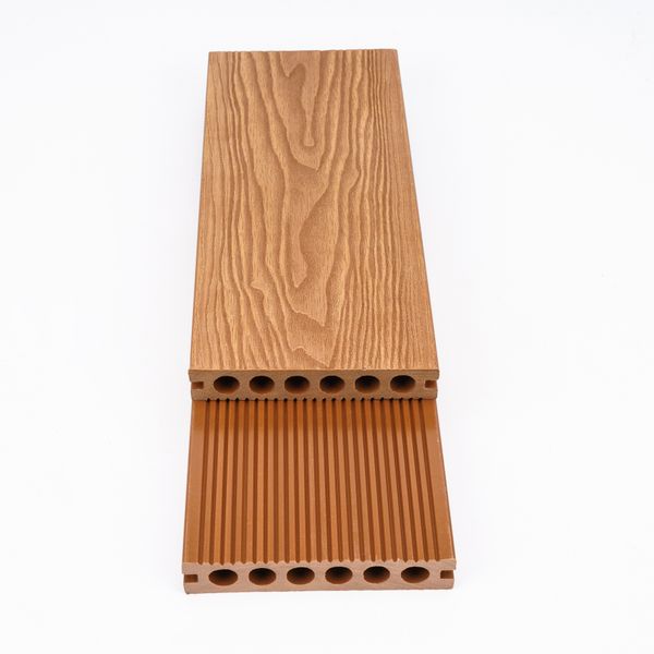 

Hot outdoor waterproof stripe grooves round hole wood grain wood plastic floor